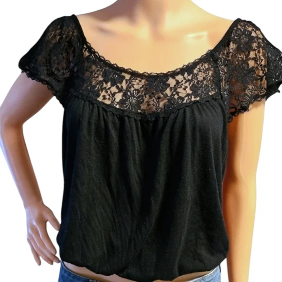 Wmns Black Lace Flutter Sleeve Blouse M Smocked Waist Prairie Cottagecore Boho - Picture 3 of 7